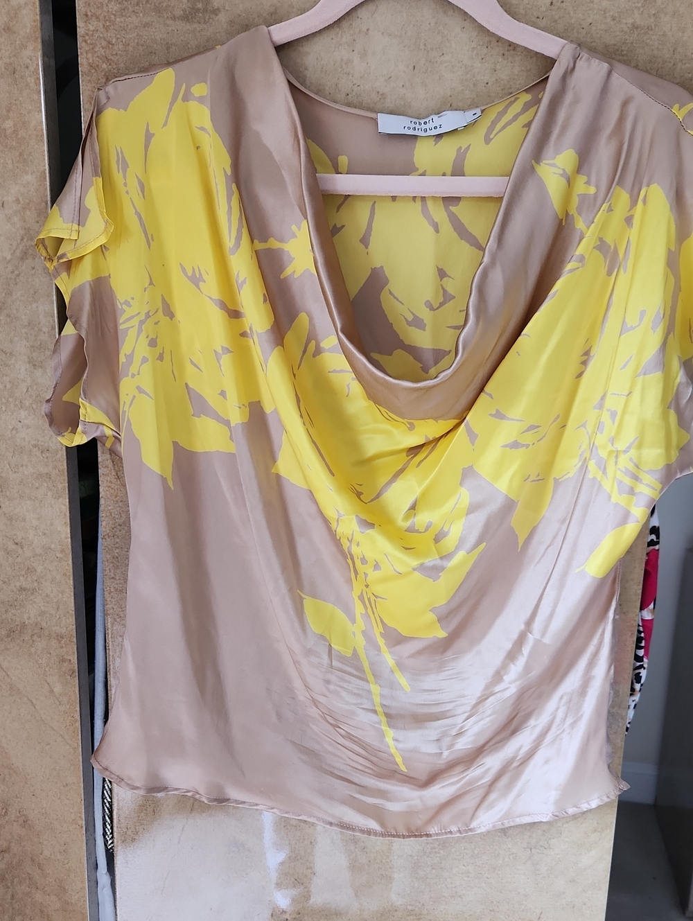 Robert Rodriguez Taupe and Yellow Floral Draped Cowl Blouse